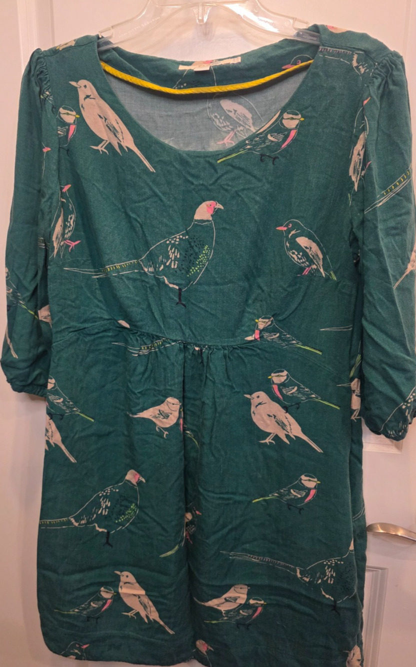 Boden Viscose Dress 3/4 Sleeve Womens Green Bird Print Side Zip Cottagecore